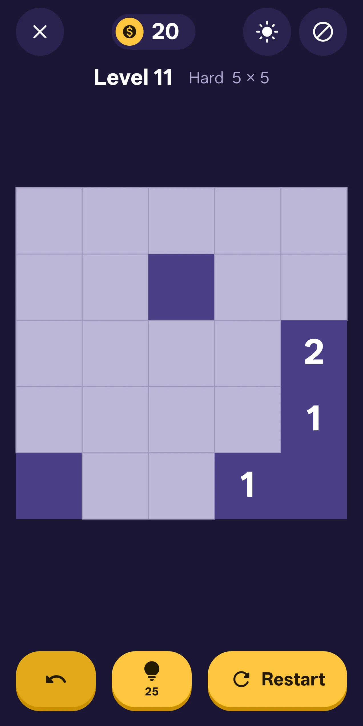 Level 11, a 5 by 5 puzzle just opened: numbered black walls, empty cells, and undo, hint and restart below the board.