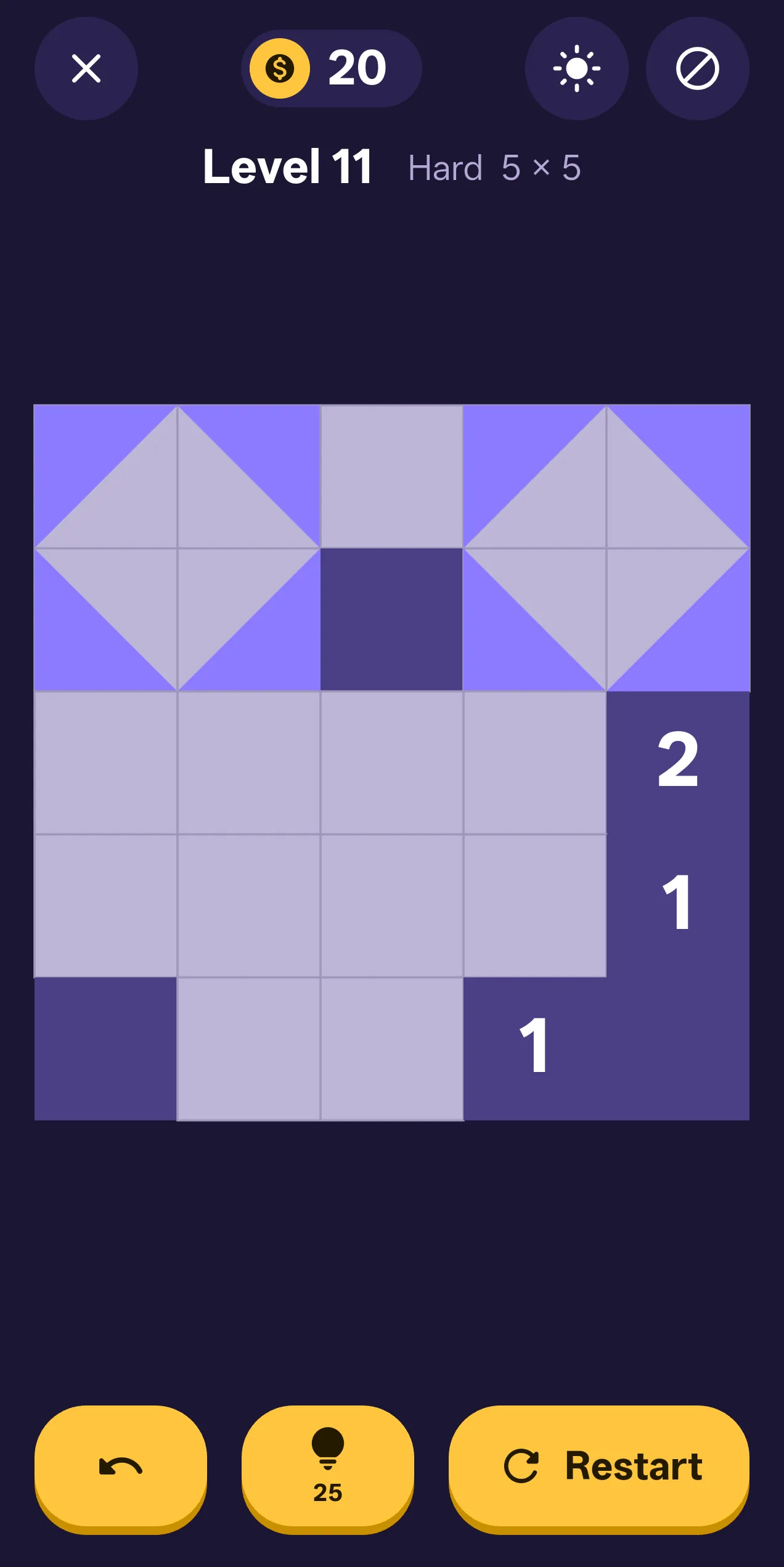 The same level half solved: two tilted squares built from purple triangles, the rest of the board still empty.