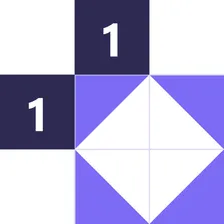 Shakashaka app icon: a small puzzle grid with two numbered black cells and a tilted square made of four purple triangles.